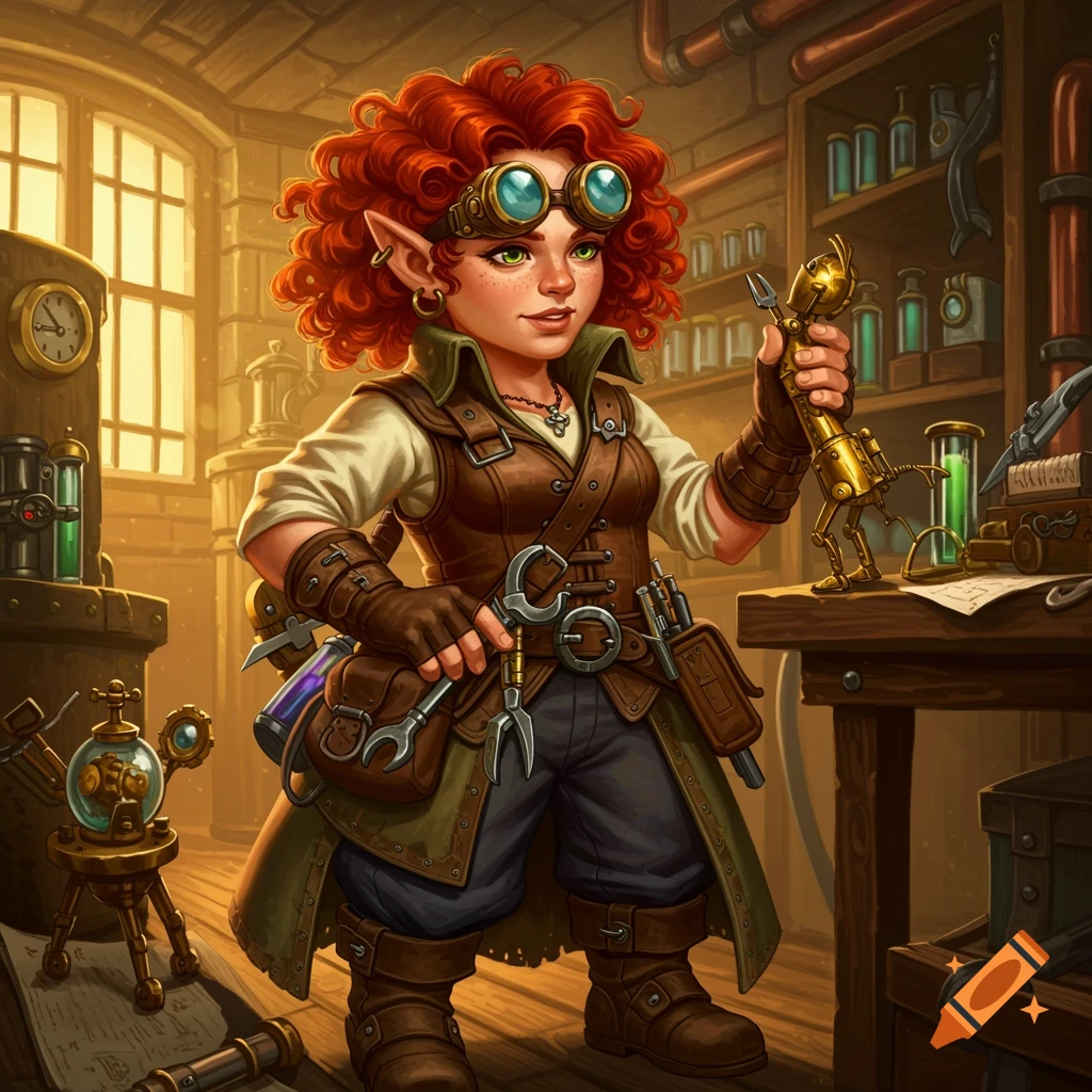 Red-haired female gnome artificer with steampunk goggles holding tools and a golden automaton in a workshop.