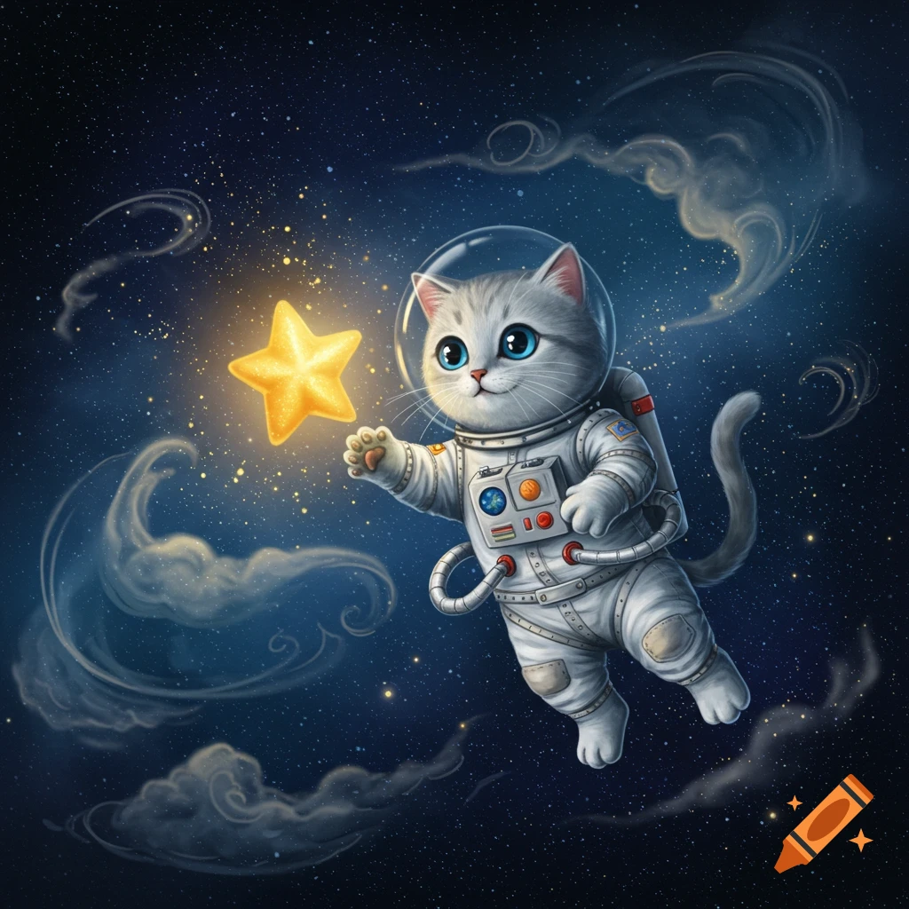A cute cartoon cat in a white astronaut suit floats in space, reaching for a glowing golden star.