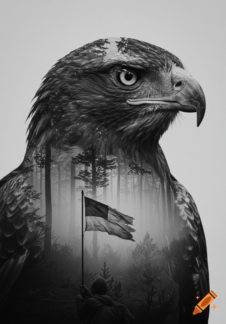 Double exposure black and white image of an eagle's head, with a misty forest and a person holding a tattered flag layered within its silhouette.