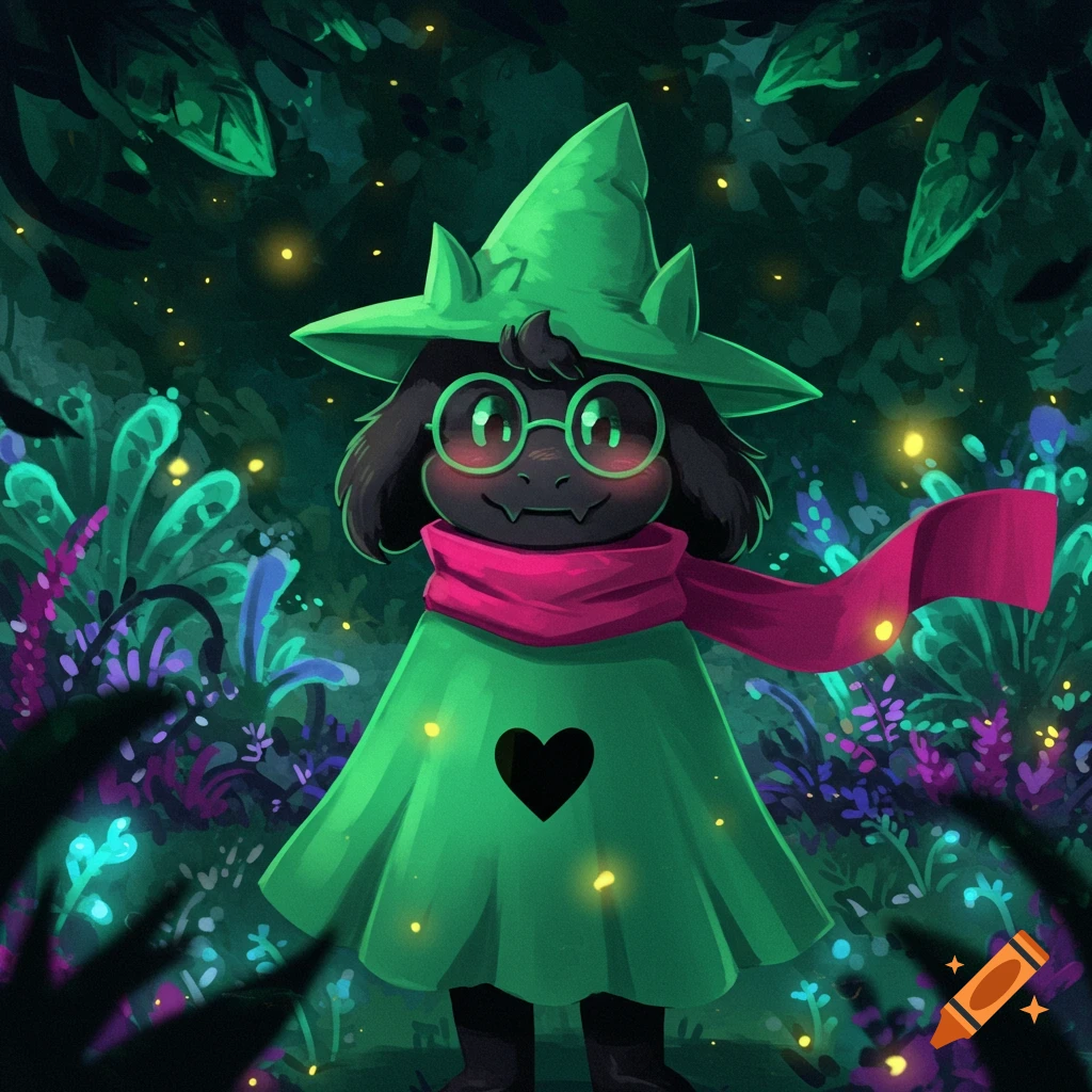 A cartoon illustration of Ralsei from Deltarune in a green hat and cloak, pink scarf, and round glasses, standing in a glowing dark forest.