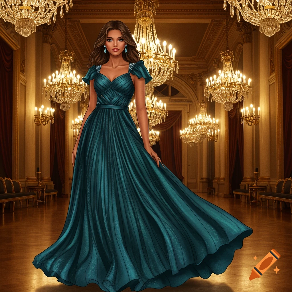 A woman in a teal pleated formal gown with a sweetheart neckline stands in a grand ballroom with many chandeliers.
