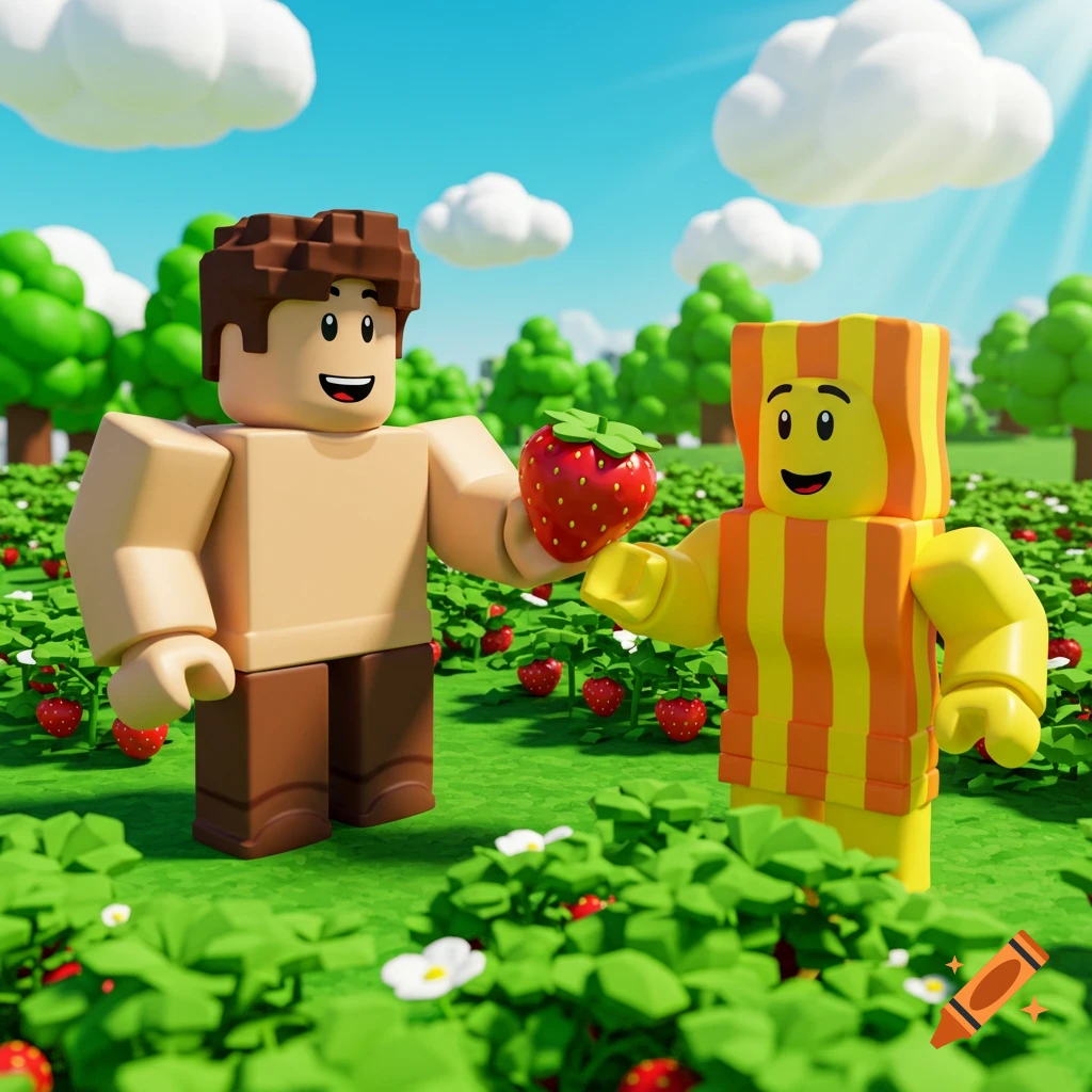 A tan-skinned Roblox character hands a strawberry to a yellow-skinned Roblox bacon kid in a bright, sunny strawberry field, cartoon style.