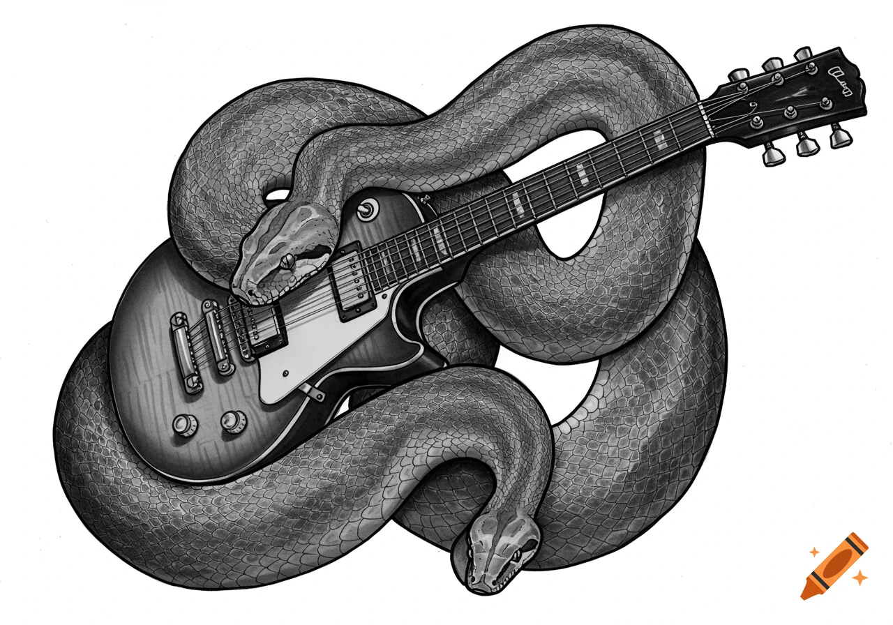 Black and white illustration of a boa constrictor coiled around a Les Paul electric guitar.