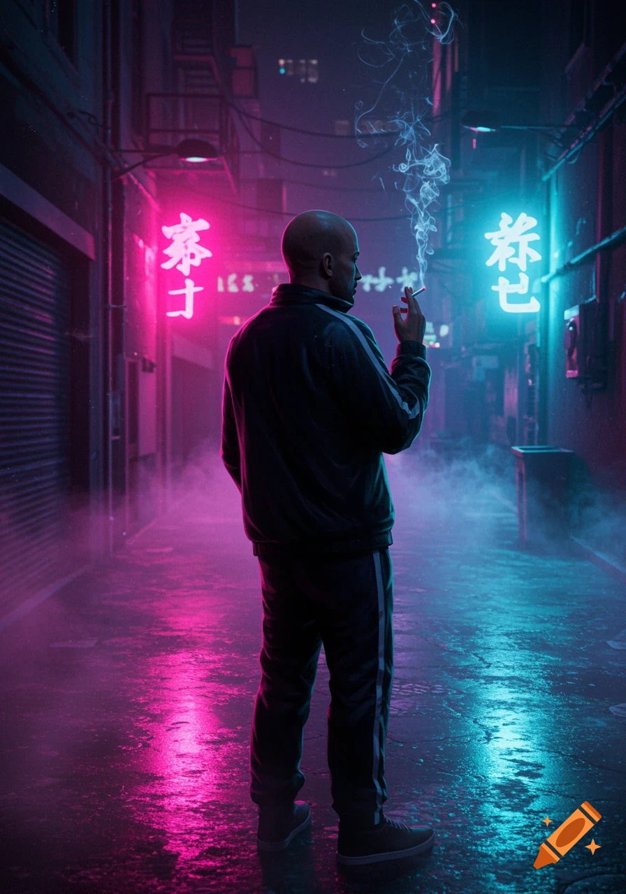 A bald man in a black tracksuit smokes in a neon-lit, wet urban alleyway, illuminated by pink and blue light.