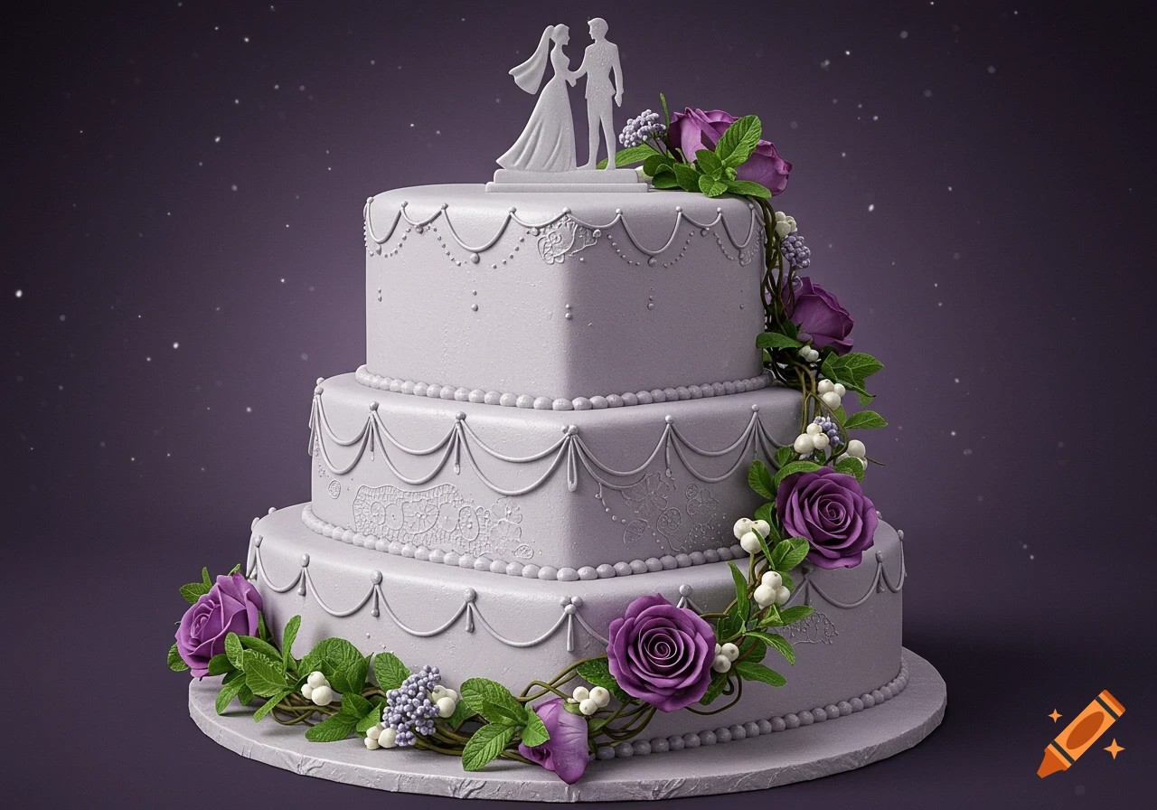 A three-tiered silvery-lavender wedding cake with ornate piping, purple roses, white berries, and a bride and groom topper.