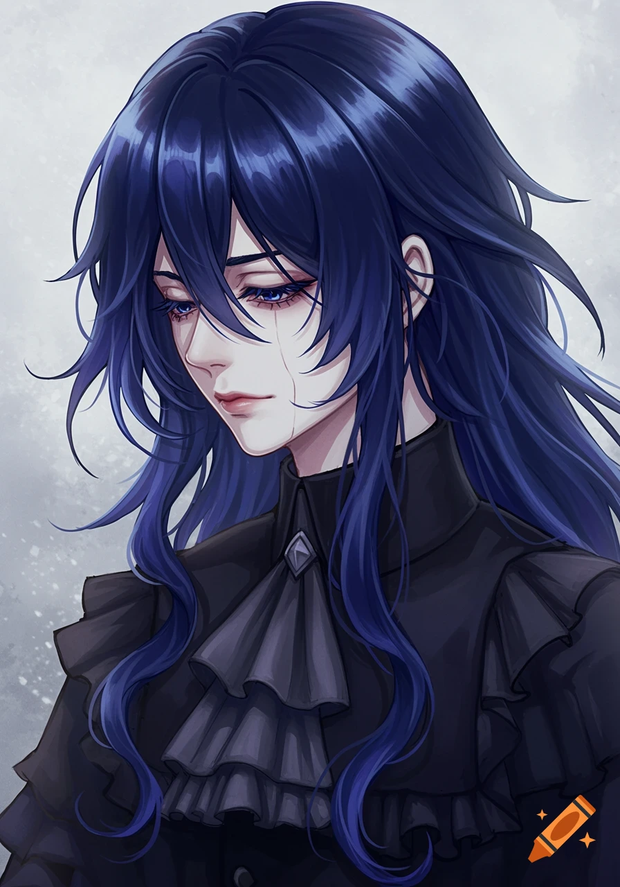 Anime portrait of a melancholic character with long dark blue hair, pale skin, and dark ruffled clothing.