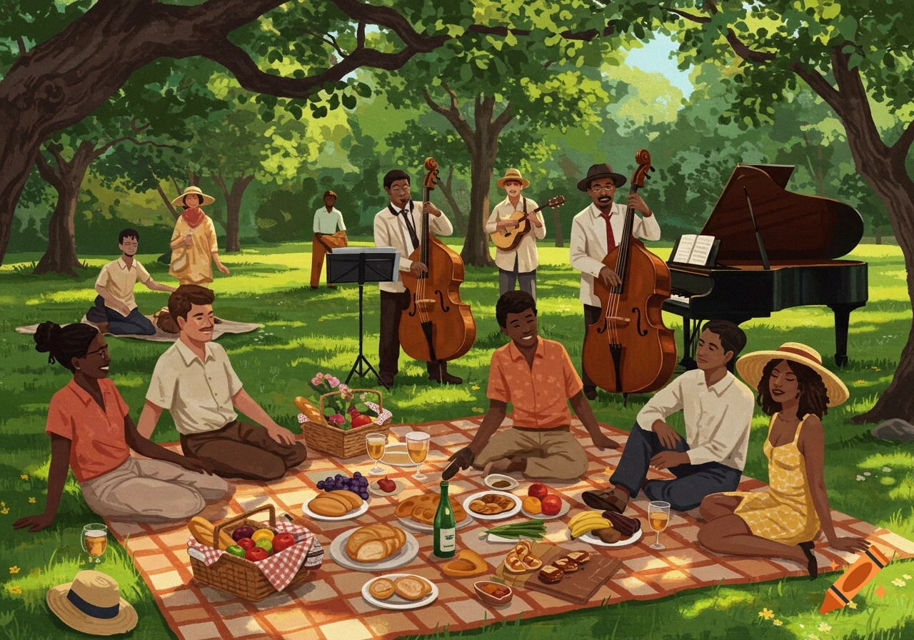 An illustration of a diverse group of people having a picnic in a park with a jazz trio playing music.