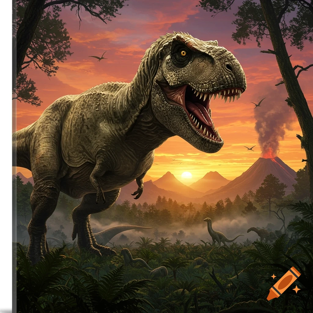 A large Tyrannosaurus Rex roars in a prehistoric jungle at sunset, with a volcano erupting in the background.