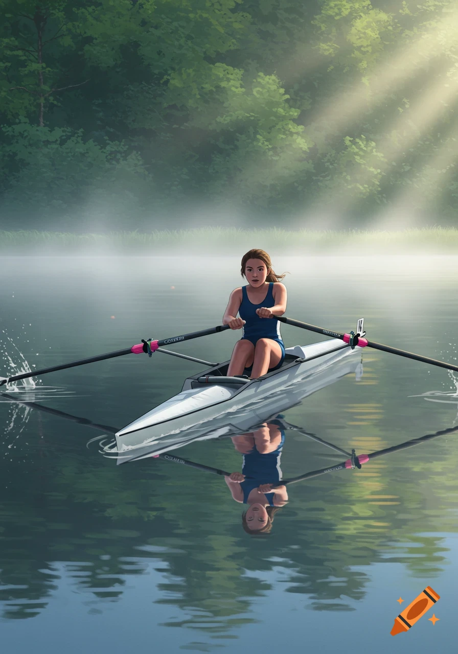 A young woman in a blue rowing suit actively sculling on a calm, misty lake with lush green trees and sunlight in the background.