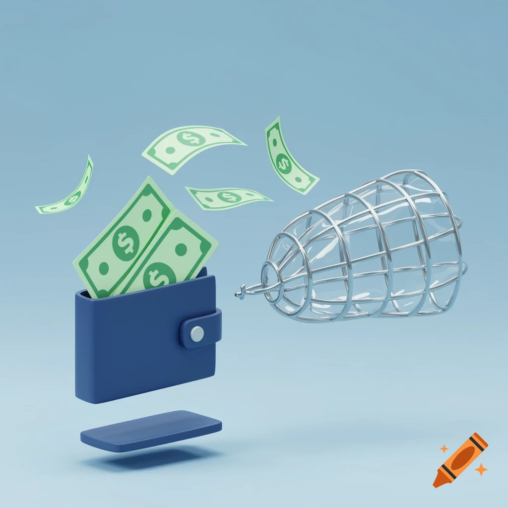 Blue wallet with dollar bills flying out towards a metal net in an isometric 3D illustration.