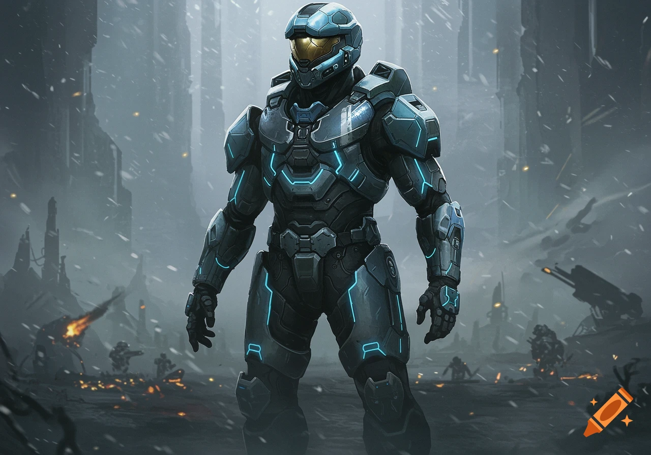 A full-body image of a futuristic armored soldier with blue glowing accents standing in a snowy, war-torn city landscape.