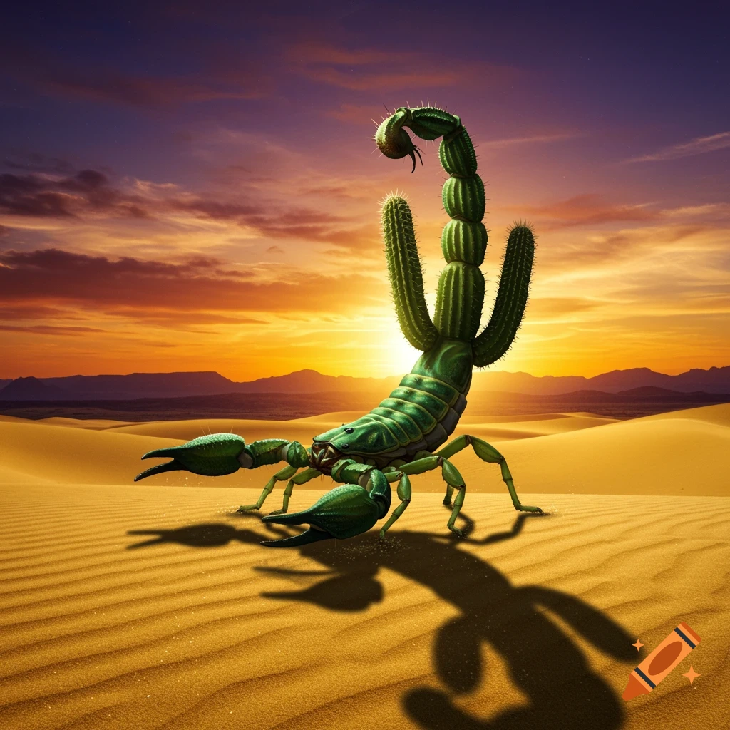 A green scorpion with a cactus-like body stands on sand dunes under an orange and purple sunset.