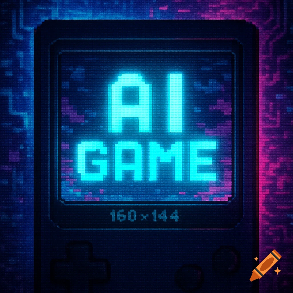 A glowing blue pixel art screen of a retro gaming device displaying 'AI GAME' and '160x144', with a digital circuit board background.