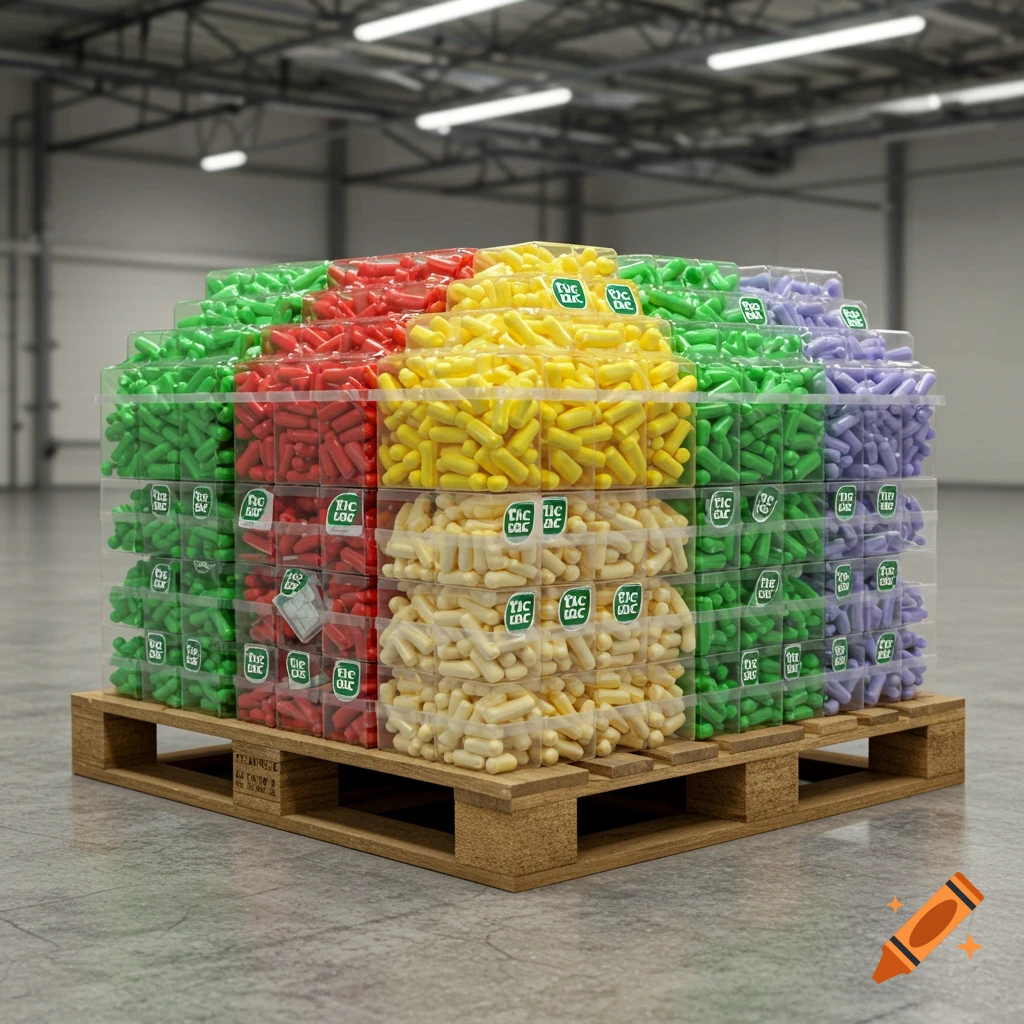 A large stack of green, red, yellow, and purple Tic Tac containers on a wooden pallet in a warehouse.