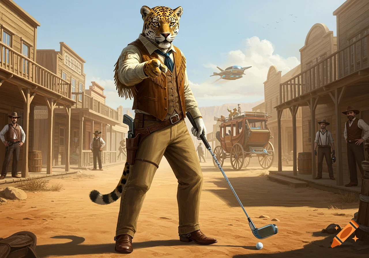 A jaguar-headed person in Western attire holds a golf club and points, standing on a dusty street in a futuristic Wild West town with a flying vehicle.
