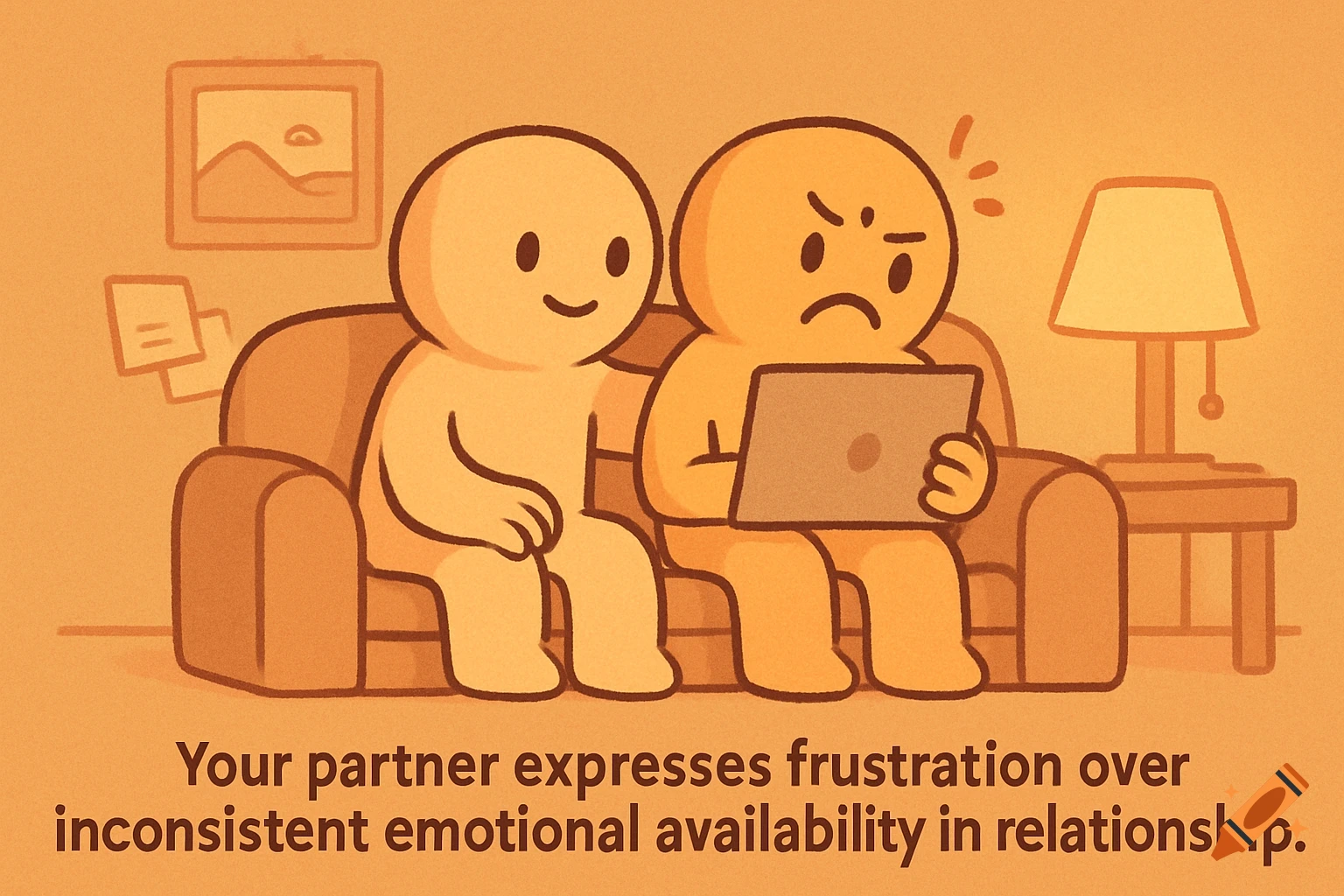Cartoon illustration of a smiling character next to a frustrated character on a couch, with text about emotional availability in relationships.