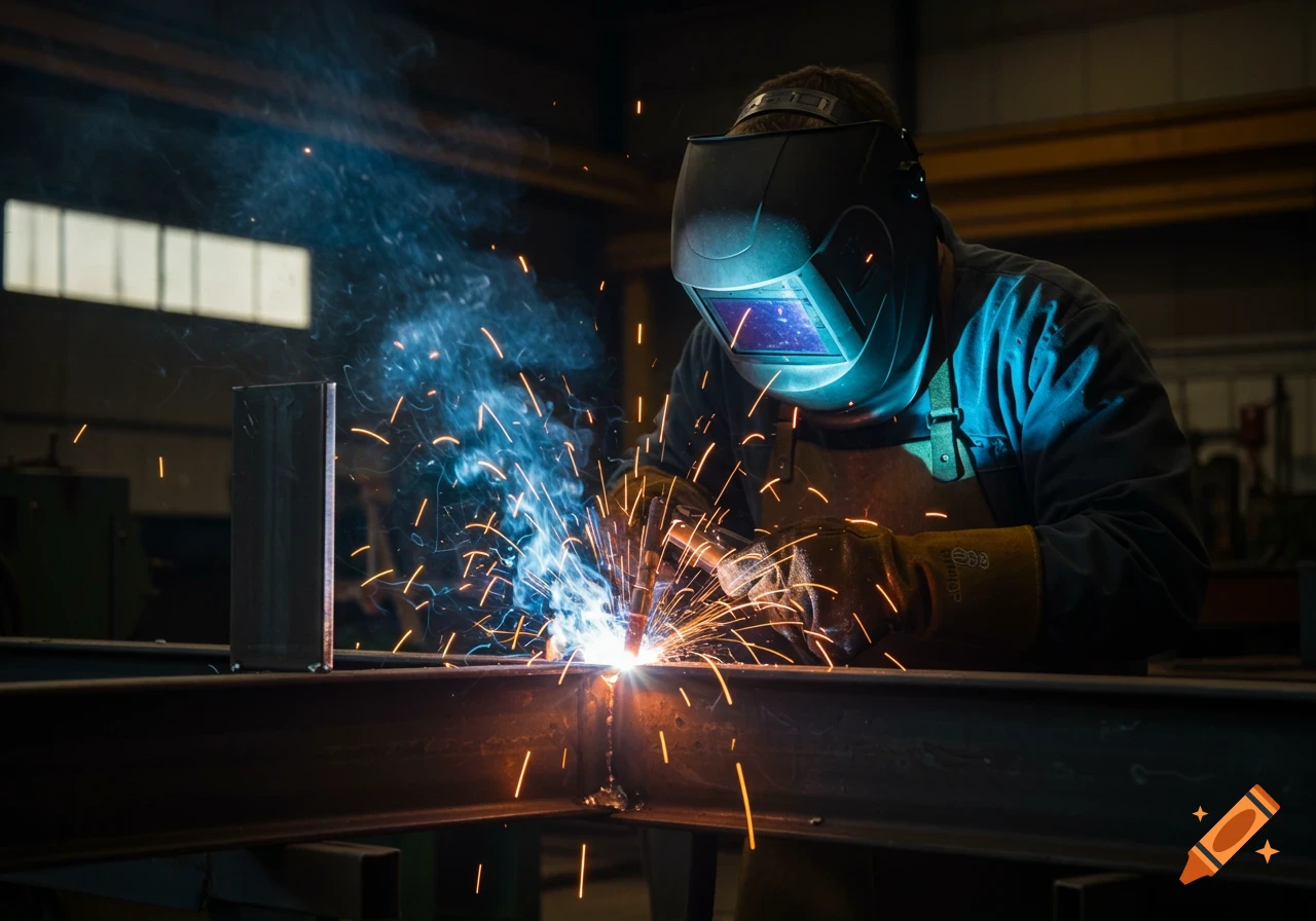 A welder in protective gear creates sparks while working on metal in a dark industrial setting.