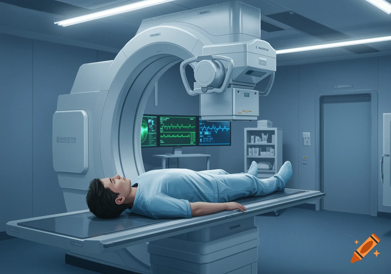 A man lies on a table, being scanned by a large white medical imaging machine in a sterile room.