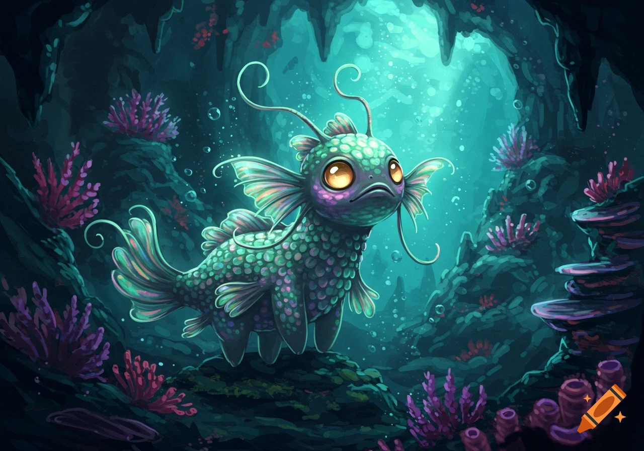 A cute, teal-colored fish-like creature with large orange eyes and delicate fins swims in a vibrant, bioluminescent underwater cave with pink and purple coral.
