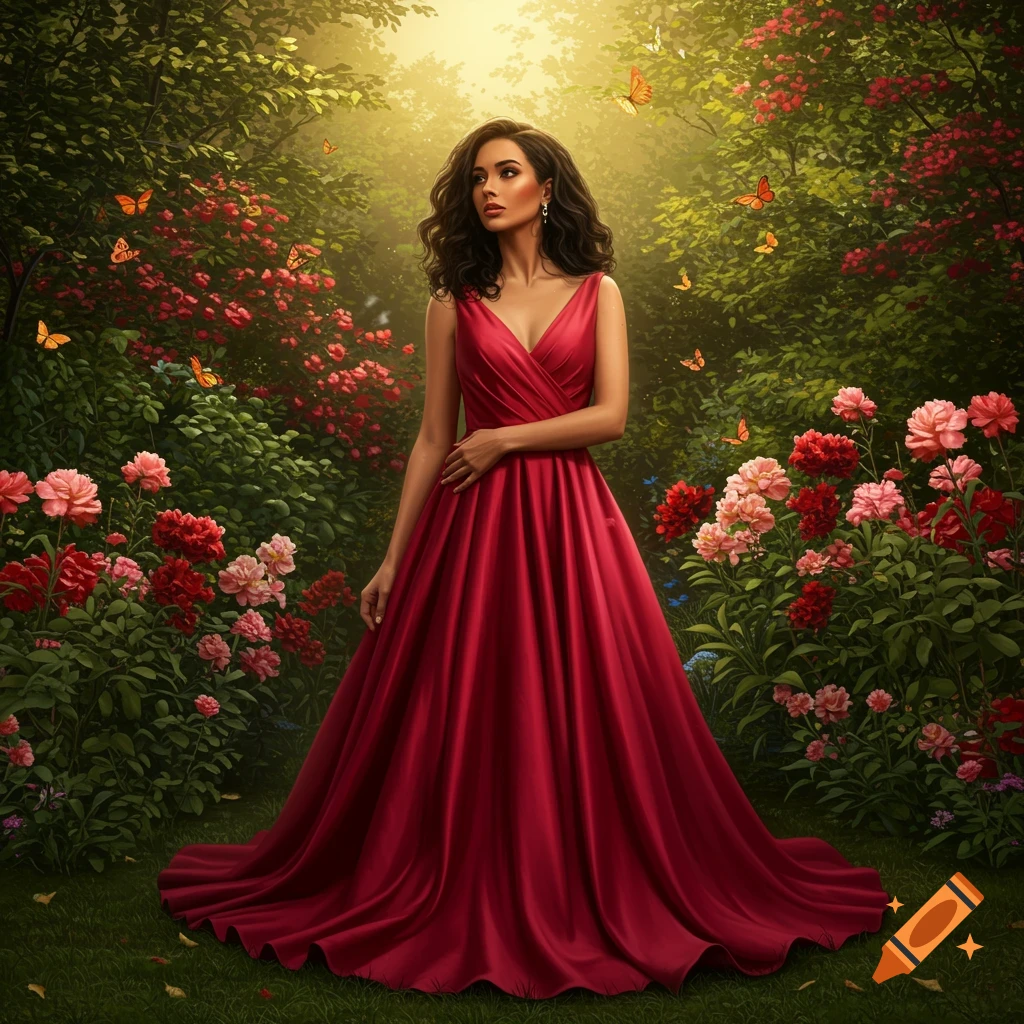 A photorealistic image of a woman in a flowing red gown standing in a lush garden with colorful flowers and butterflies.