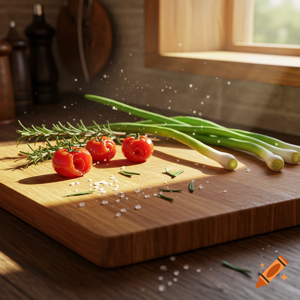 Photorealistic image of three red tomatoes, green onions, and rosemary sprigs with salt scattered on a wooden chopping board in a sunlit kitchen.