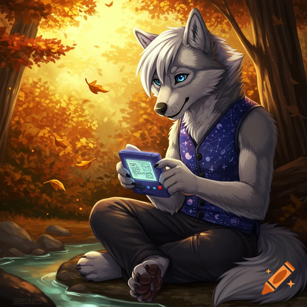 An anthropomorphic white wolf with blue eyes sits by a stream in an autumn forest, playing a purple handheld game device. Digital art.