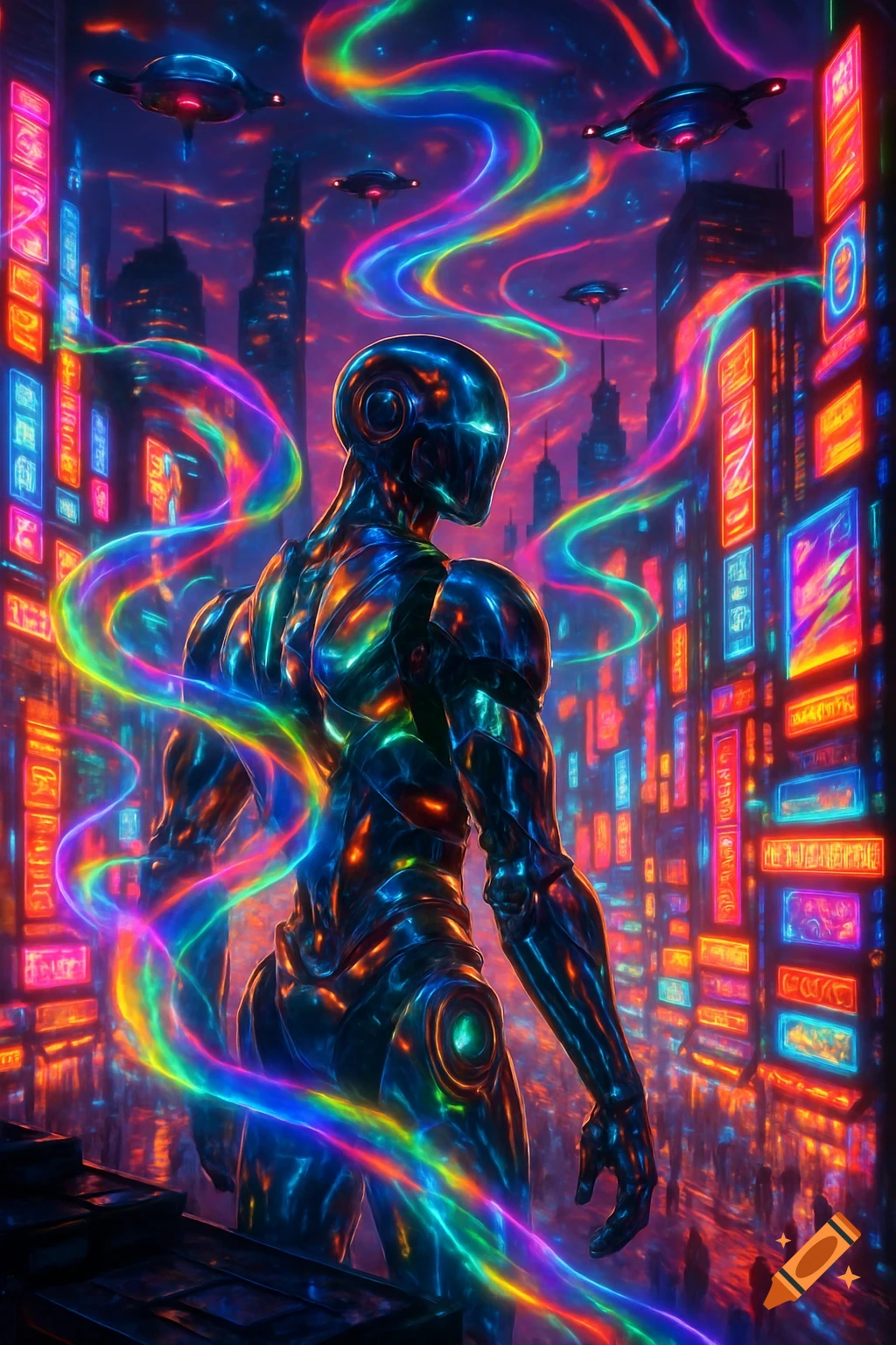 A humanoid robot stands in a vibrant, neon-lit cyberpunk city with colorful energy trails and flying vehicles.