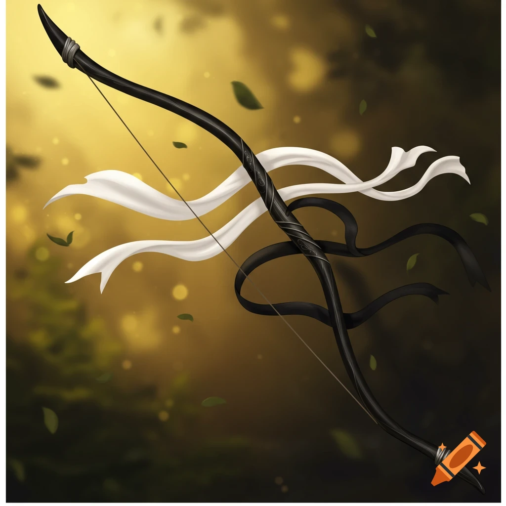 A black wooden bow with white and black ribbons flowing in the wind against a golden-lit forest background, in an illustrative style.
