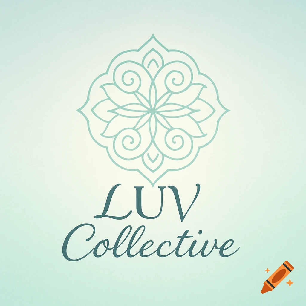 A logo featuring a stylized lotus or mandala-like symbol above the text 'LUV Collective' on a light blue-green gradient background.