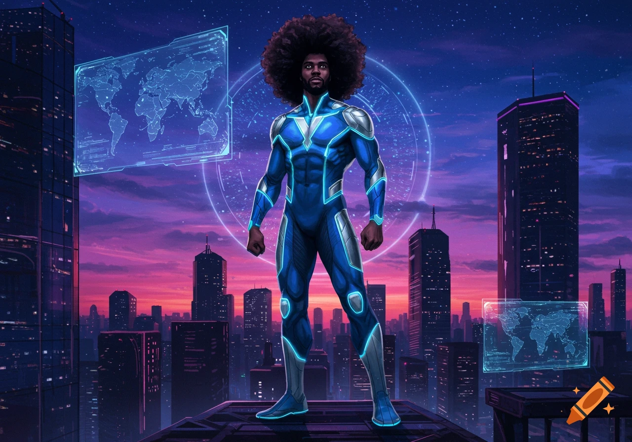 A male superhero with an afro in a glowing blue suit stands on a rooftop overlooking a futuristic cityscape at sunset. Holographic maps float in the air.
