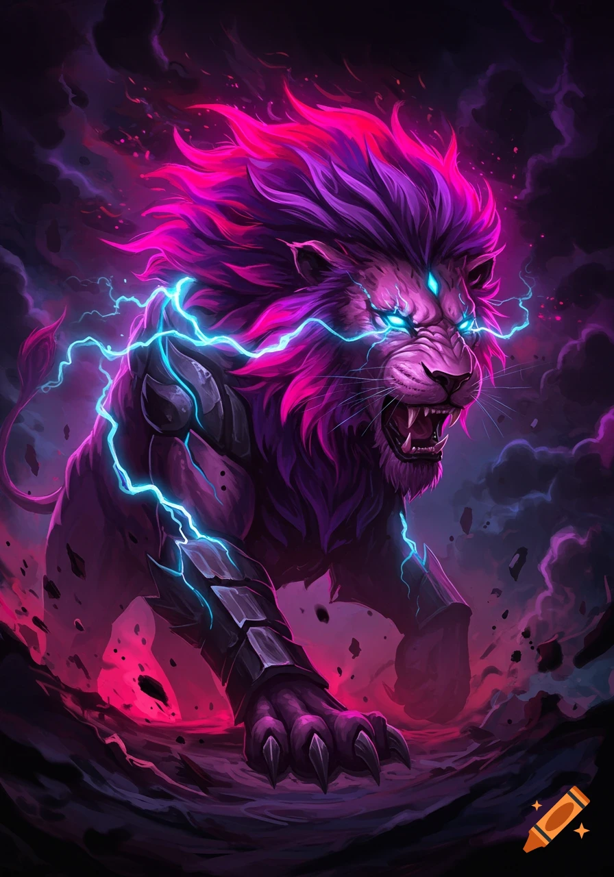 A vibrant purple and pink stylized lion with glowing blue eyes and lightning, snarling amidst dark, stormy clouds.