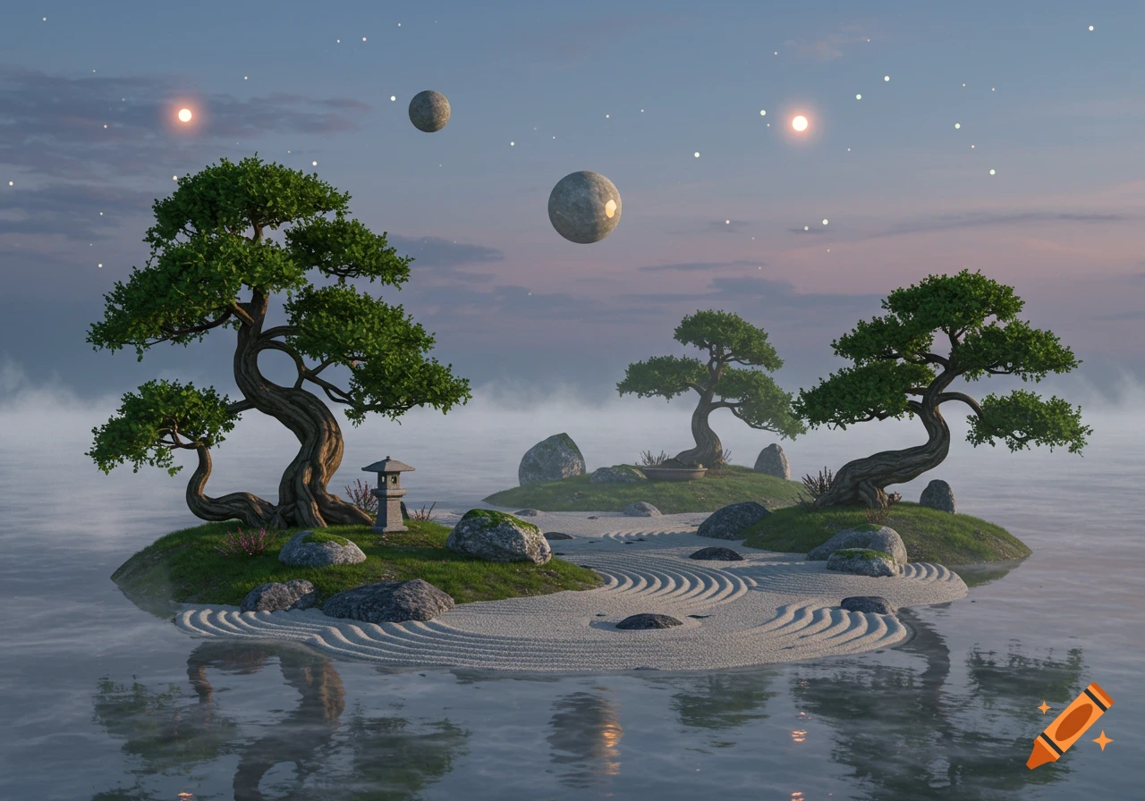 A serene zen garden landscape with bonsai trees on small islands in water under a mystical sky with planets and stars.