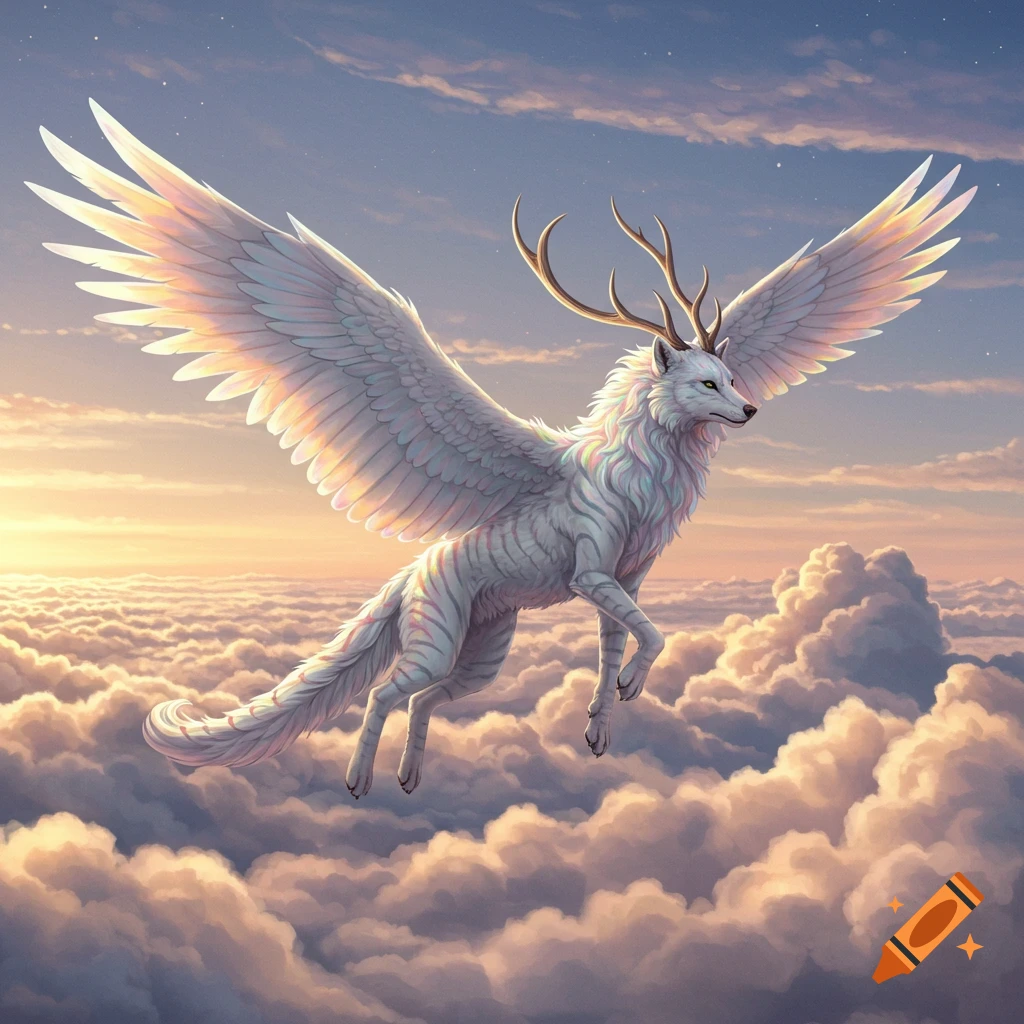 A white wolf-like creature with large feathered wings and antlers flies above fluffy clouds in a golden sunset sky.
