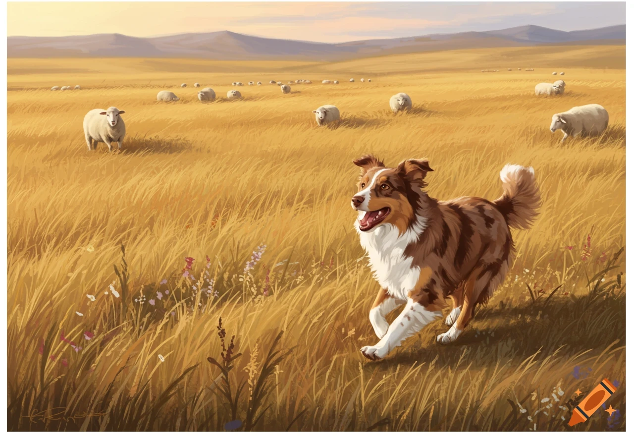 A happy Australian Sheepdog with brown and white fur runs through a golden grassy field with sheep grazing in the distance and mountains under a sunset sky.
