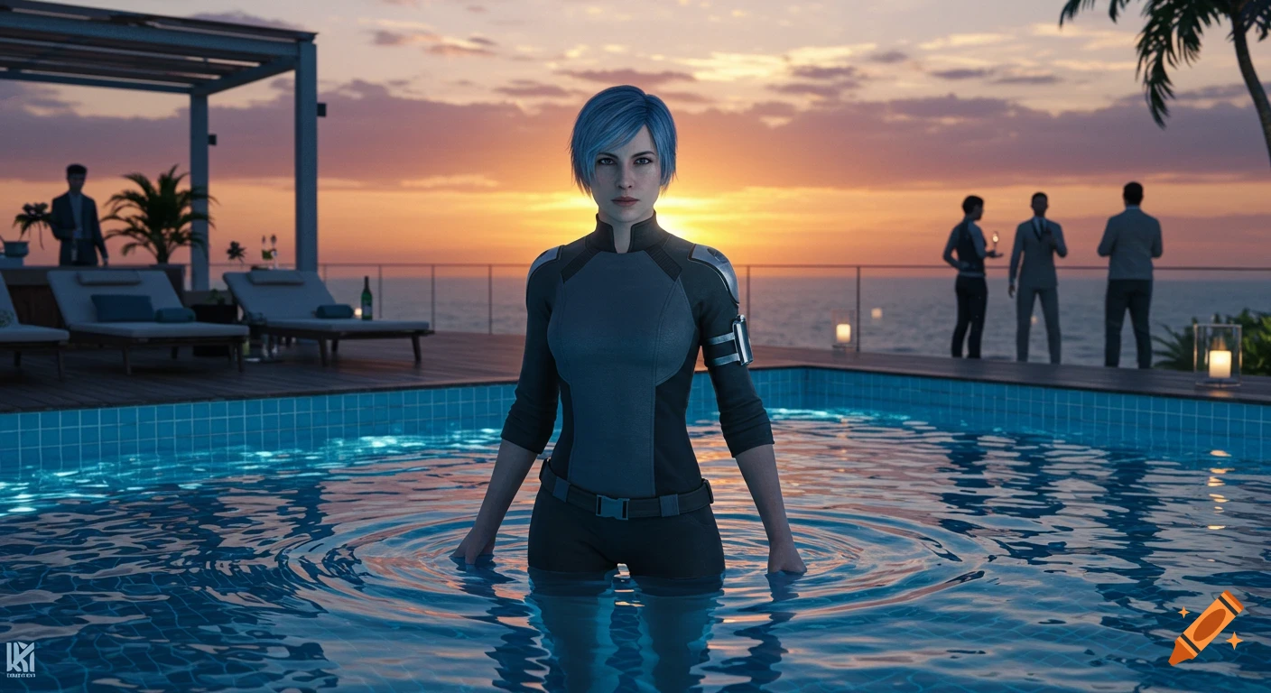 Photorealistic image of a woman with blue hair in a dark suit standing in a rooftop pool at sunset, with ocean and distant figures in the background.