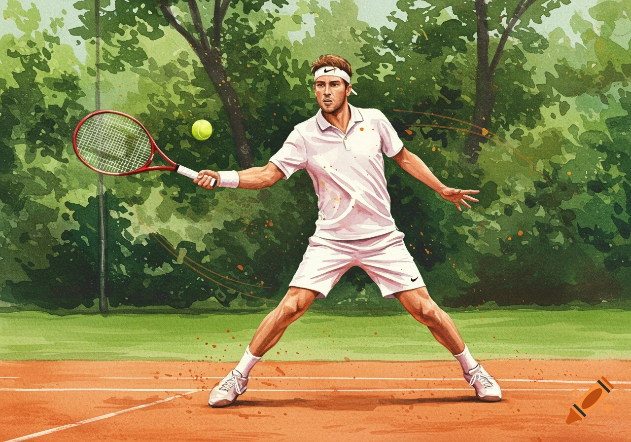 A man plays tennis on a clay court in a watercolor painting style. He wears a white outfit and holds a red tennis racket.