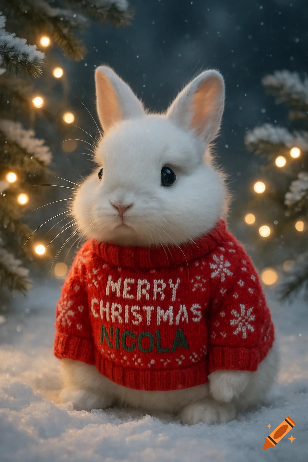 A photorealistic white rabbit sits in the snow wearing a red Christmas sweater that says 'Merry Christmas Nicola', with blurred lights in the background.