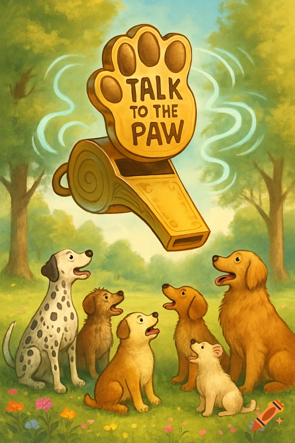 An illustration of several dogs looking up at a giant golden whistle with 'TALK TO THE PAW' on its paw-shaped top, in a grassy field.