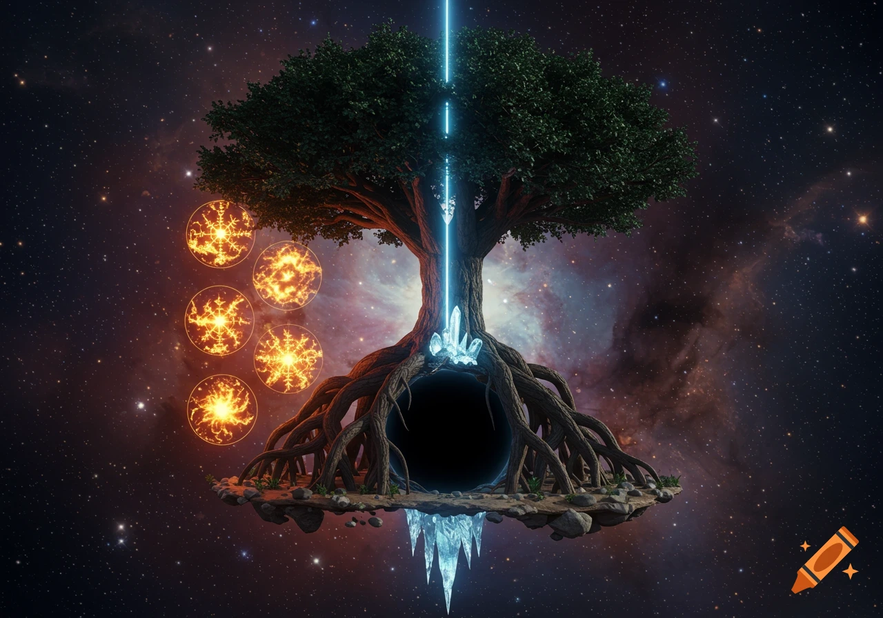 A mystical tree with glowing blue crystals and a black void at its base, floating in a star-filled cosmic galaxy with an upward blue light beam and five glowing orange orbs.