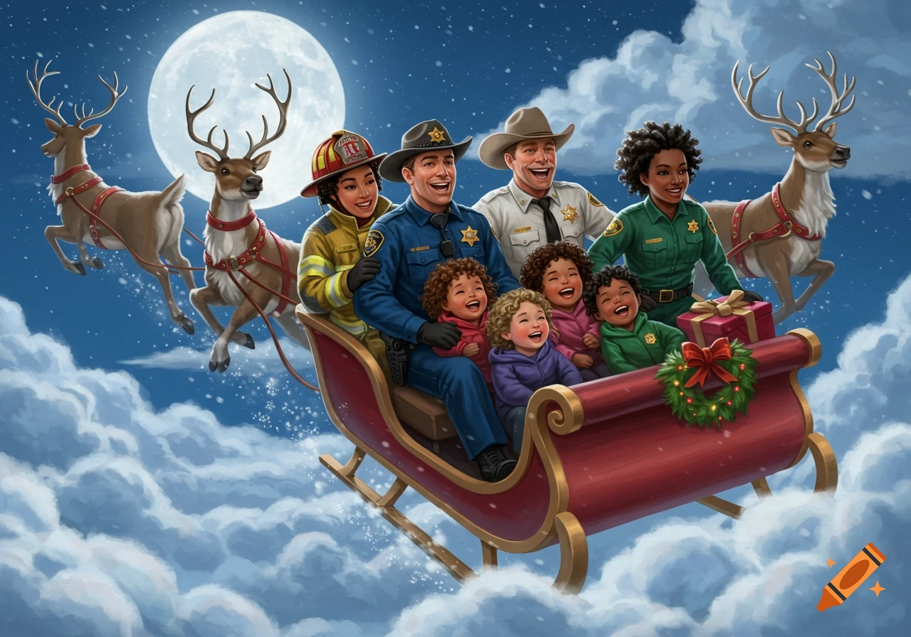 An illustration of diverse first responders and children laughing together in a sleigh pulled by reindeer flying under a full moon.