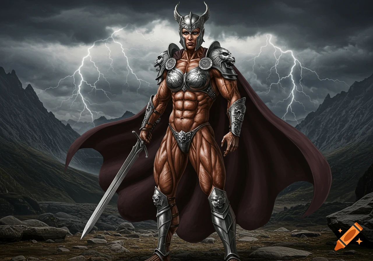 Hyper-muscled female warrior in armor stands with a sword in a mountainous landscape under a stormy, lightning-filled sky.