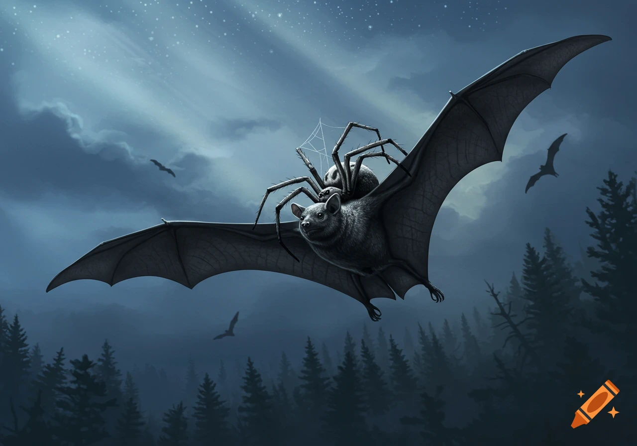 A large spider rides on the back of a bat flying across a star-filled night sky over a dark forest.