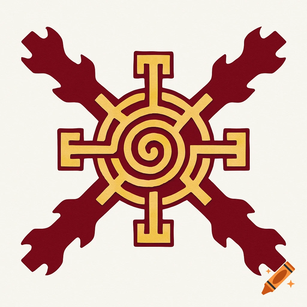 A red and gold emblem combining the Cross of Burgundy and the Nahui Ollin symbol on a white background.