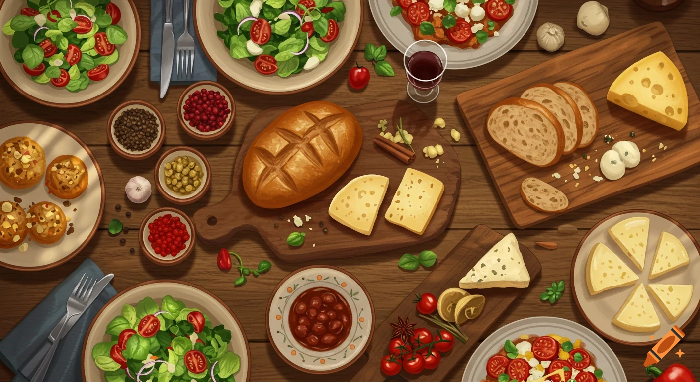 Overhead view of a wooden table laden with salads, a loaf of bread, sliced bread, various cheeses, bowls of spices, and a glass of red wine in an illustrative style.
