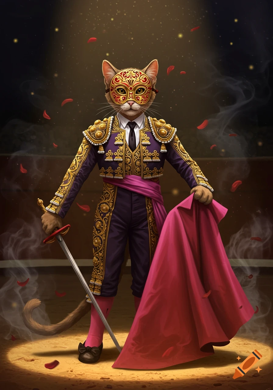A bipedal cat wearing an ornate matador mask and costume, holding a sword and a pink cape in a bullring.