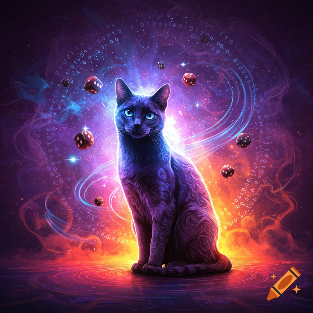 A dark, mystical cat with glowing blue eyes and ornate fur patterns sits amidst a vibrant cosmic nebula of purple, blue, and orange, surrounded by floating dice and swirling light.