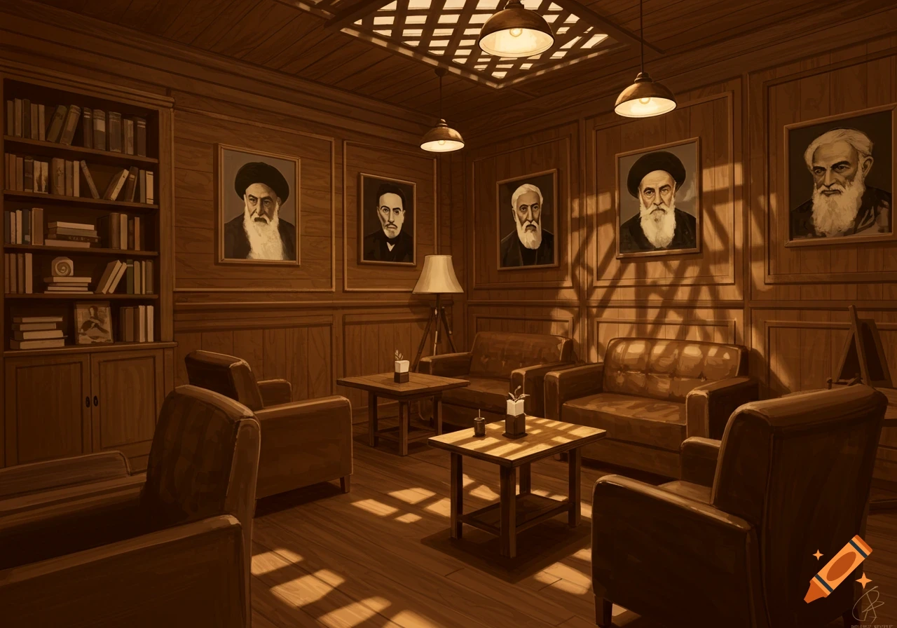A cozy wooden cafe interior with a bookshelf, leather couches and armchairs, and portraits of bearded men on wood-paneled walls, bathed in warm light.