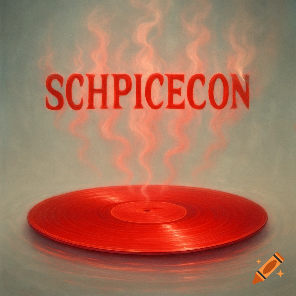 A red vinyl record rests on a surface, with the word 'SCHPICECON' in smoky red letters floating above it.