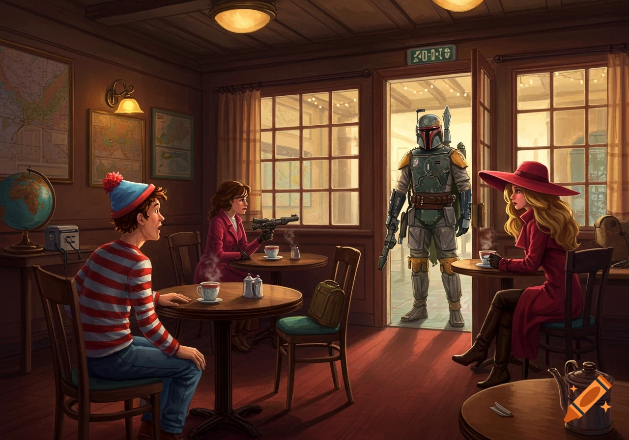 Waldo and Carmen Sandiego sit at separate tables in a cozy cafe, both looking surprised as Boba Fett walks through the doorway. The scene is an illustration.