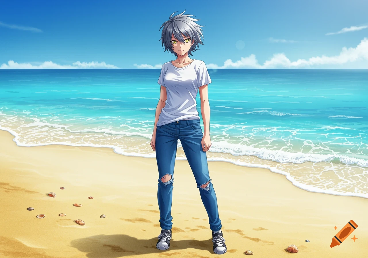 Anime tomboy with short silver hair and yellow eyes, wearing a white t-shirt, torn jeans, and sneakers, standing on a sandy beach.